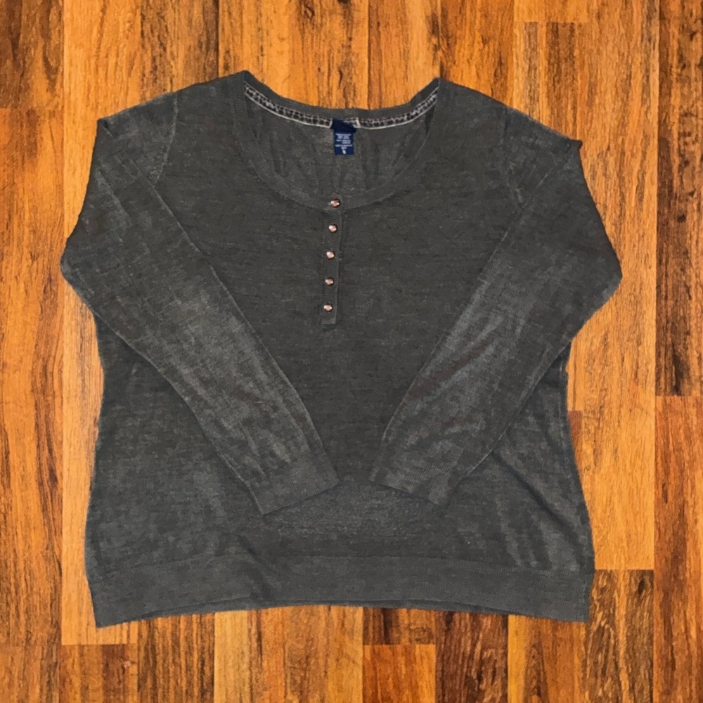 Womens Henley Sweater Gray Long Sleeve Scoop Neck Knit Top Size XL